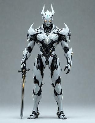 The primary subject of the image is a robotic figure, possibly a character from a video game, with a sword in its hand. The robot is standing on a gray surface, which serves as the setting or background of the image. The visual style of the image is digital art, as it appears to be a computer-generated or digitally rendered character. The colors and mood of the image are predominantly gray and dark, giving it a somewhat ominous or futuristic atmosphere.